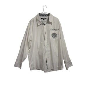 Ed Hardy Christian Audigier Shirt XXL White Cotton Button Up Tiger Tattoo Print‎